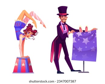 Circus artist cartoon character - flexible girl gymnast standing on hands and male magician in tailcoat and hat showing trick with rabbit. Vector illustration of theater performers in costumes.