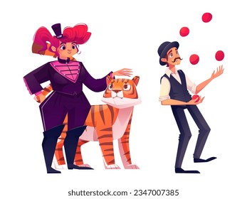 Circus artist cartoon character set. Vector illustration of performers in costumes - girl trainer stands with trained tiger and man juggler with red balls. People and animals showing off in arena.