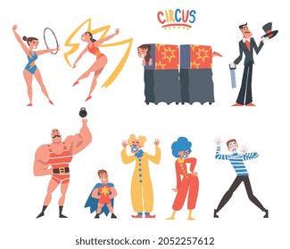 Circus Artist Character with Clown, Illusionist and Gymnast with Ribbon and Hula Hoop Performing on Stage or Arena Vector Set