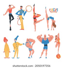 Circus Artist Character with Clown, Strongman and Acrobat Balancing on Ball Performing on Stage or Arena Vector Set