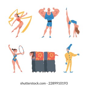 Circus Artist Character with Clown, Strongman, and Gymnast Performing on Stage or Arena Vector Set