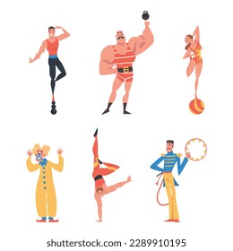 Circus Artist Character with Clown, Strongman, Tamer and Acrobat Performing on Stage or Arena Vector Set