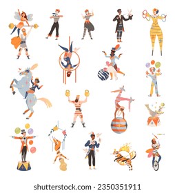 Circus Artist Character with Clown, Strongman and Acrobat Balancing Performing on Stage or Arena Big Vector Set