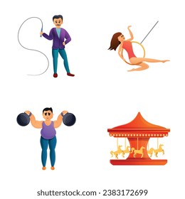 Circus artist icons set cartoon vector. Aerialist, animal trainer and strongman. Amusement, performance