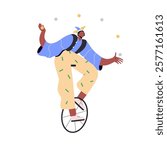 Circus artist juggling balls while riding unicycle. Carnival performer, entertainer balancing, cycling on wheel. Juggler at entertainment show. Flat vector illustration isolated on white background