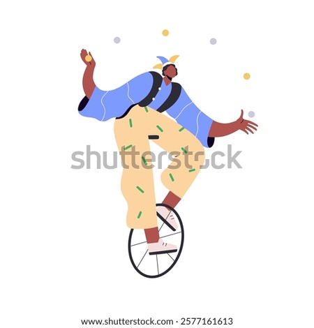 Circus artist juggling balls while riding unicycle. Carnival performer, entertainer balancing, cycling on wheel. Juggler at entertainment show. Flat vector illustration isolated on white background
