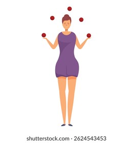 Circus artist juggling five balls on stage, showing her talent and concentration