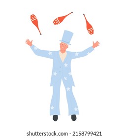 Circus artist juggling maces. Amusement arena juggler show, magician performance vector illustration