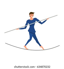 Circus artist on a tightly stretched rope with a pole in his hands. Boy is a balancer under the circus dome. Vector illustration
