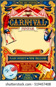 Circus artist park show Template. Cartoon Poster masquerade Invite. Kids game Birthday Party design. Carnival festival Background Juggling Acrobatic Cabaret Vintage vector card. Acrobat Retro theme.