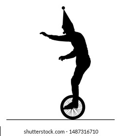 Circus Artist Performer Vector Silhouette On White Background. Clown Mono Cyclic, Riding Mono Cycle On A Wire Above Audience. Entertainment For Kids. Happy Birthday Children Animator. Acrobat On Stage