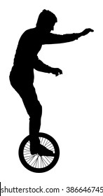 Circus Artist Performer Vector Silhouette On White Background. Clown Mono Cyclic, Riding Mono Cycle On A Wire Above Audience. Entertainment For Kids. Happy Birthday Children Animator. Acrobat On Stage