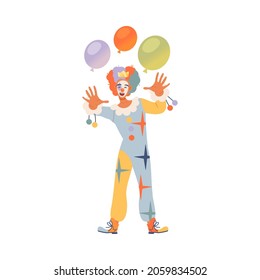 Circus artist performing at show, carnival party. Friendly funny clown with colorful balloons cartoon vector illustration