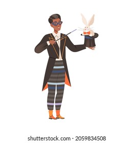 Circus artist performing at show, carnival party. Magician pulling out rabbit from top hat cartoon vector illustration
