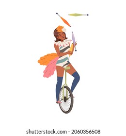 Circus artist performing at show, carnival party. Circus female juggler riding unicycle cartoon vector illustration