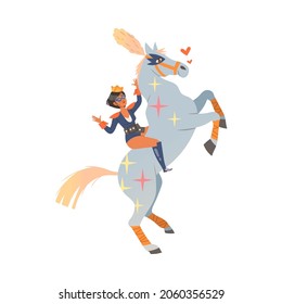 Circus artist performing at show. Girl doing tricks on running horse cartoon vector illustration