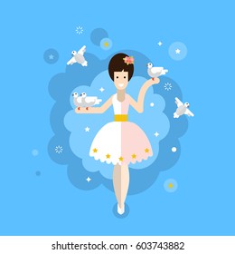 Circus. Circus artist with pigeons. Vector flat illustration.