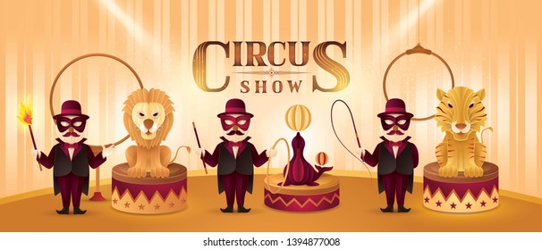 Circus Artists Actors show set, Lion, Tiger and Fur Seal on a circus stand with ball and Animal Trainer, Fun Fair, Carnival festival, Circus Characters, Paper art vector and illustration