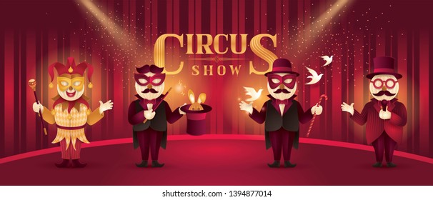 Circus Artists Actors show set, Magic show and magician trick with rabbit, Circus Barker with Hat, Venetian Jester mask, Fun Fair, Carnival festival, Circus Characters, Paper art vector