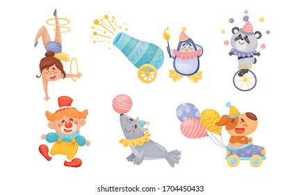 Circus Artists with Animals Cycling and Driving Car Vector Set