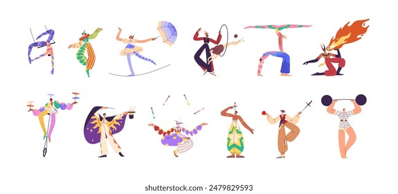 Circus artists, carnival performers set. Different people show on cirque: funny clown, magician, acrobats, juggler, trainer of dog. Festival entertainment. Flat isolated vector illustrations on white