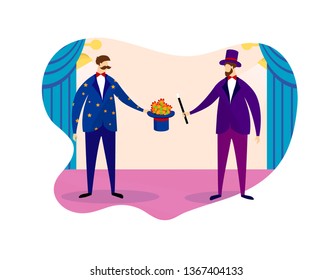 Circus Artists, Comedian Performers In Bright Colorful Costumes Performing At Show Magic Trick With Wand And Cylinder Top Hat On Backstage Background. Kids Show. Cartoon Flat Vector Illustration. Icon