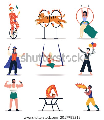 Circus artists. Funny cartoon characters, people in vintage stage costumes, retro magic show, clown unicycle juggler, magician and gymnasts. Trained tiger, mime and gymnast vector isolated set