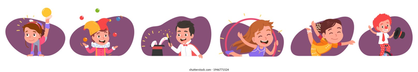 Circus artists giving performance set. Acrobat, aerial gymnast kids showing tricks, magician illusionist topper hat rabbit, clown man riding monocycle, kid juggling. Flat vector character illustration