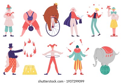 Circus artists. Juggler artist, acrobat, magician performer, strongman, clown and trained animals vector illustration set. Carnival circus performers