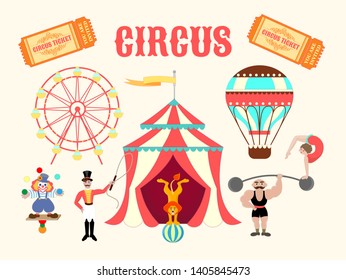 Circus artists near the circus tent, Ferris wheel at the fair, balloons, tickets to the circus. Vector illustration