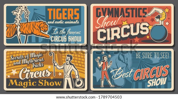 Circus artists and performers retro posters set.\
Acrobat balancing on ball, magician or illusionist and juggler\
characters. Tiger tamer or animal handler, gymnastics and magic\
trick show vector\
banner