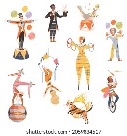 Circus artists performing at show, carnival party set. Magician, aerialist, strongman, acrobat and animals doing tricks cartoon vector illustration