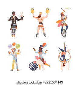 Circus artists performing at show set. Magician, strongman, clown, acrobat doing tricks vector illustration