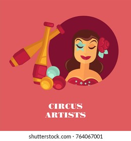Circus artists promo posterwith female juggler and equipment