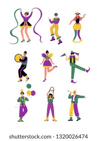 Circus Artists Set, Comedian Performer in Bright Colorful Costumes Performing at Show Vector Illustration