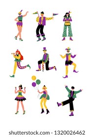Circus Artists Set, Stage Comedian Performer in Bright Costumes Performing at Show Vector Illustration