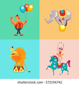 Circus artists. Set of vector characters. Clown with balloons circus lion, elephant, girl juggler on horseback.