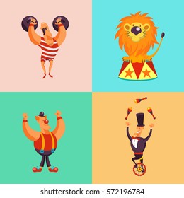 Circus artists. Set of vector characters. Athlete with weights, a happy clown, a juggler on a unicycle, the circus lion.