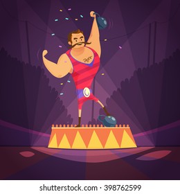 Circus athlete cartoon concept with weightlifting and power symbols vector illustration 