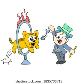 Circus attraction cat jumping circle of fire. cartoon illustration sticker emoticon