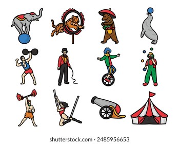 Circus Attraction Hand Drawn Colored Set