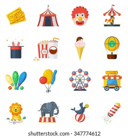 Circus and attraction park icons flat set isolated vector illustration