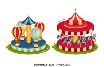 Circus Attribute with Horse Whirlabout and Merry-go-round Vector Set