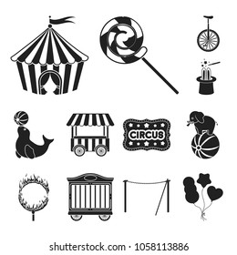 Circus and attributes black icons in set collection for design. Circus Art vector symbol stock web illustration.