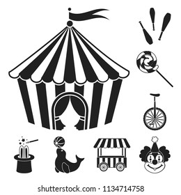 Circus and attributes black icons in set collection for design. Circus Art vector symbol stock web illustration.