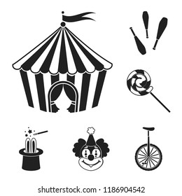 Circus and attributes black icons in set collection for design. Circus Art vector symbol stock web illustration.
