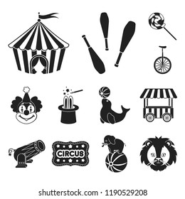 Circus and attributes black icons in set collection for design. Circus Art vector symbol stock web illustration.