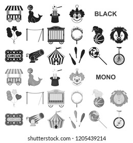 Circus and attributes black icons in set collection for design. Circus Art vector symbol stock web illustration.
