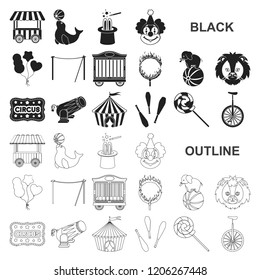 Circus and attributes black icons in set collection for design. Circus Art vector symbol stock web illustration.
