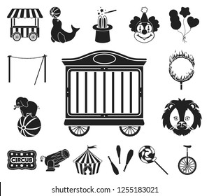 Circus and attributes black icons in set collection for design. Circus Art vector symbol stock web illustration.